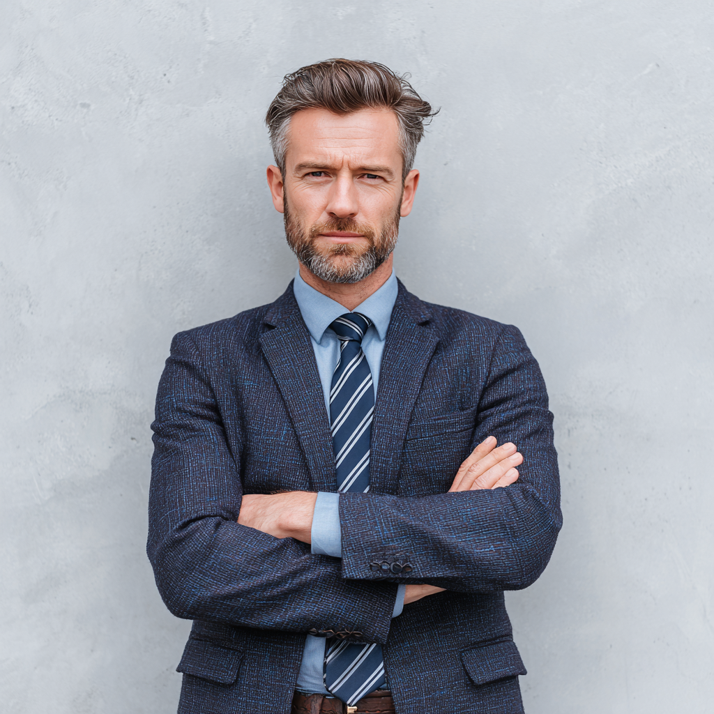 Confident professional man in business attire standing with strong posture and determined expression
