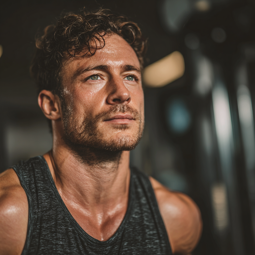 Focused determined man training with intense concentration in modern gym environment