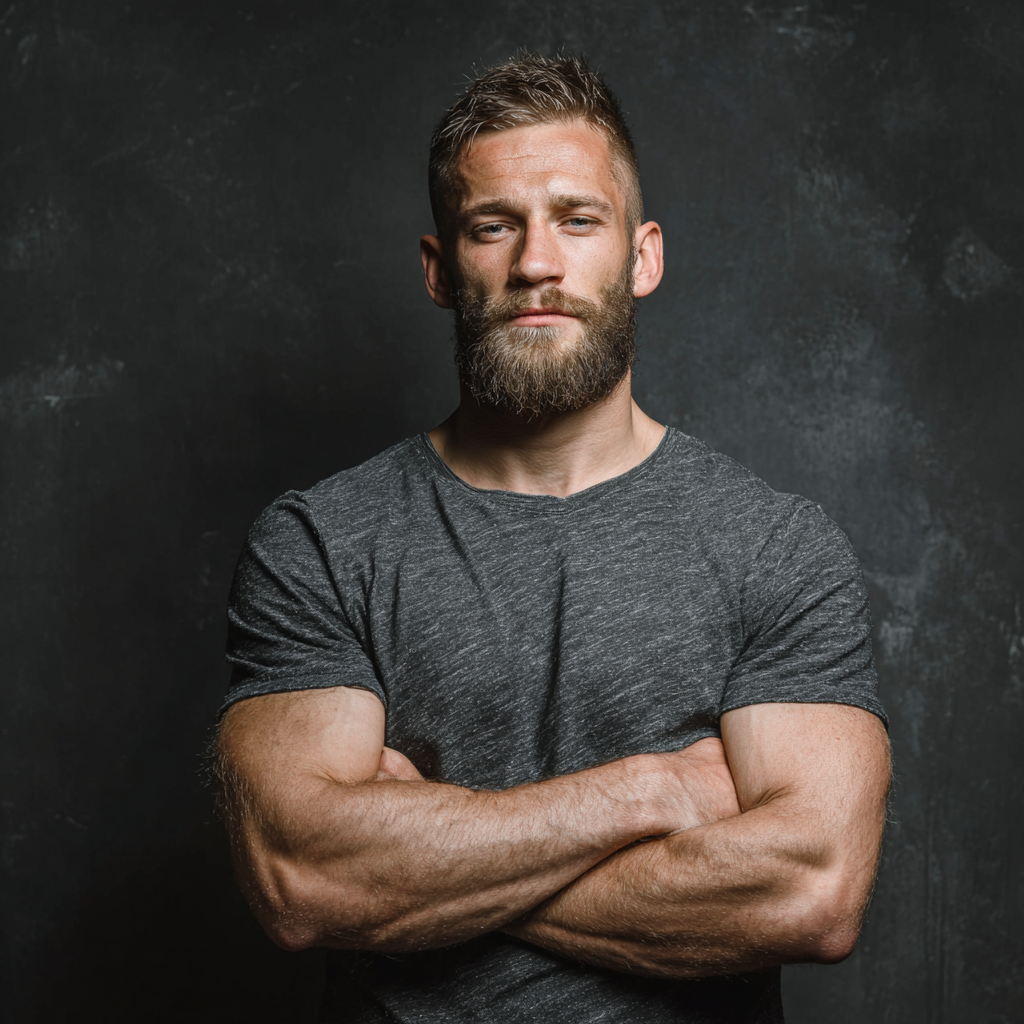 Strong confident man with focused gaze showing determination and masculine leadership qualities